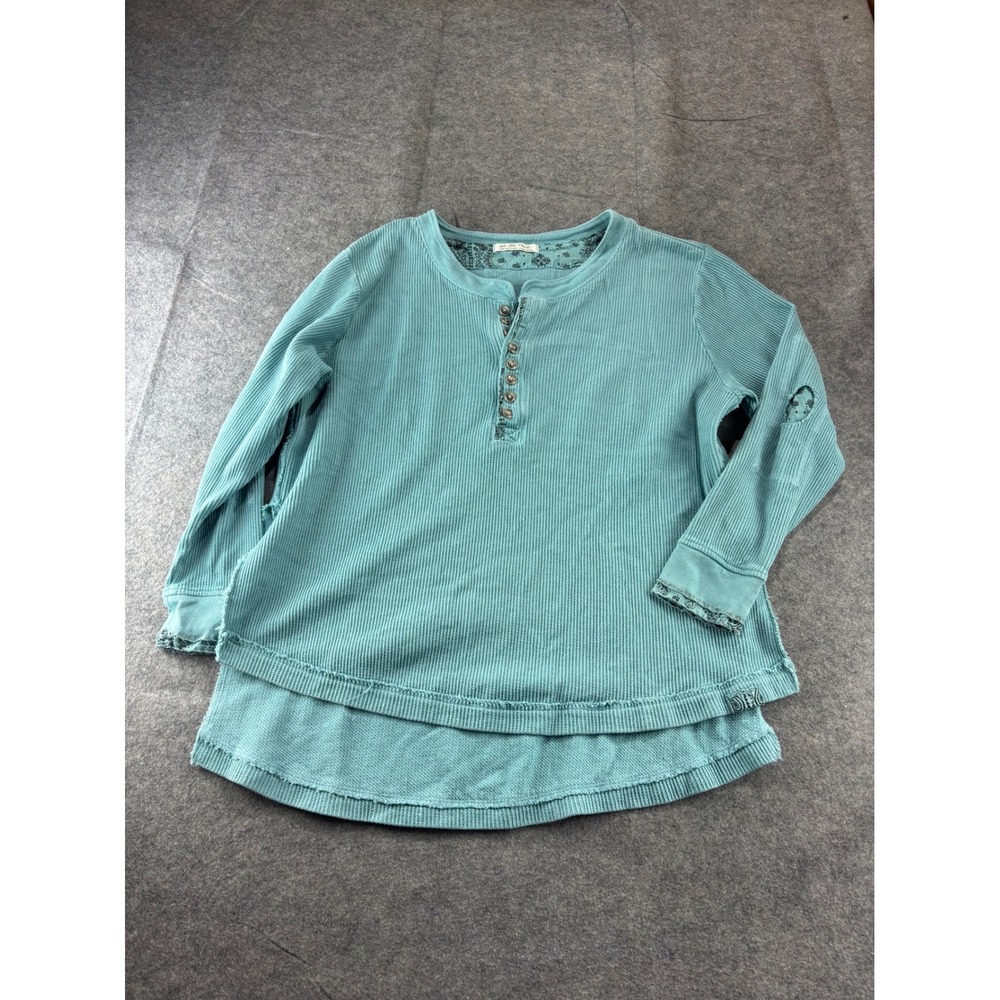 We The Free People FALL FOR YOU Blue Waffle Knit Henley Thermal Top Bandana SZ L